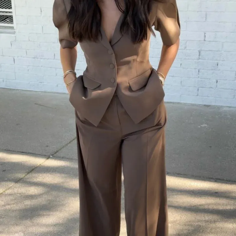 Solid Blazer Pants Set Wide Leg Trousers Outfit