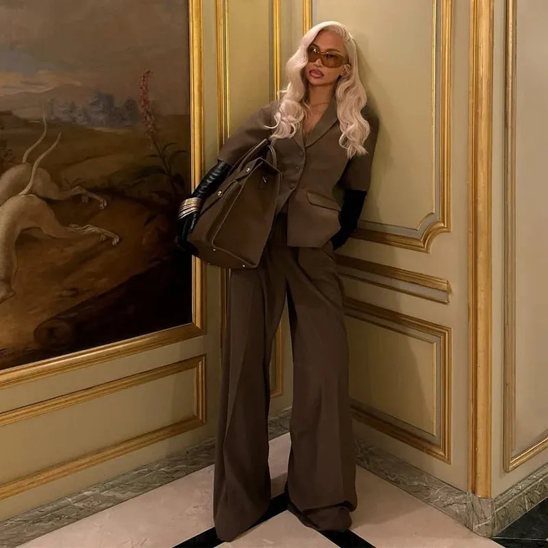 Solid Blazer Pants Set Wide Leg Trousers Outfit