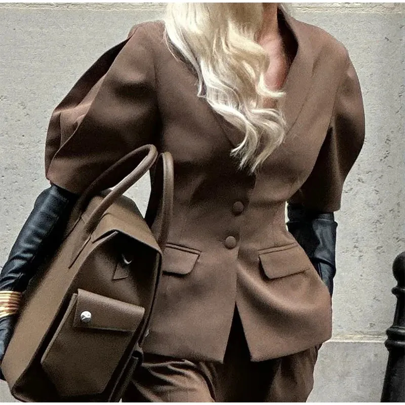 Solid Blazer Pants Set Wide Leg Trousers Outfit