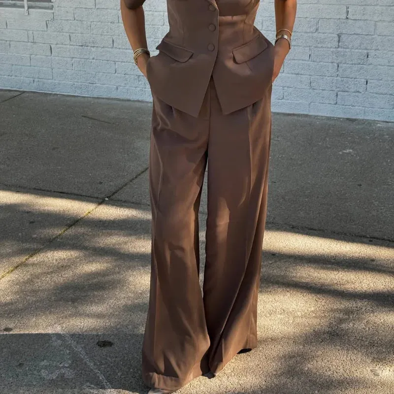 Solid Blazer Pants Set Wide Leg Trousers Outfit