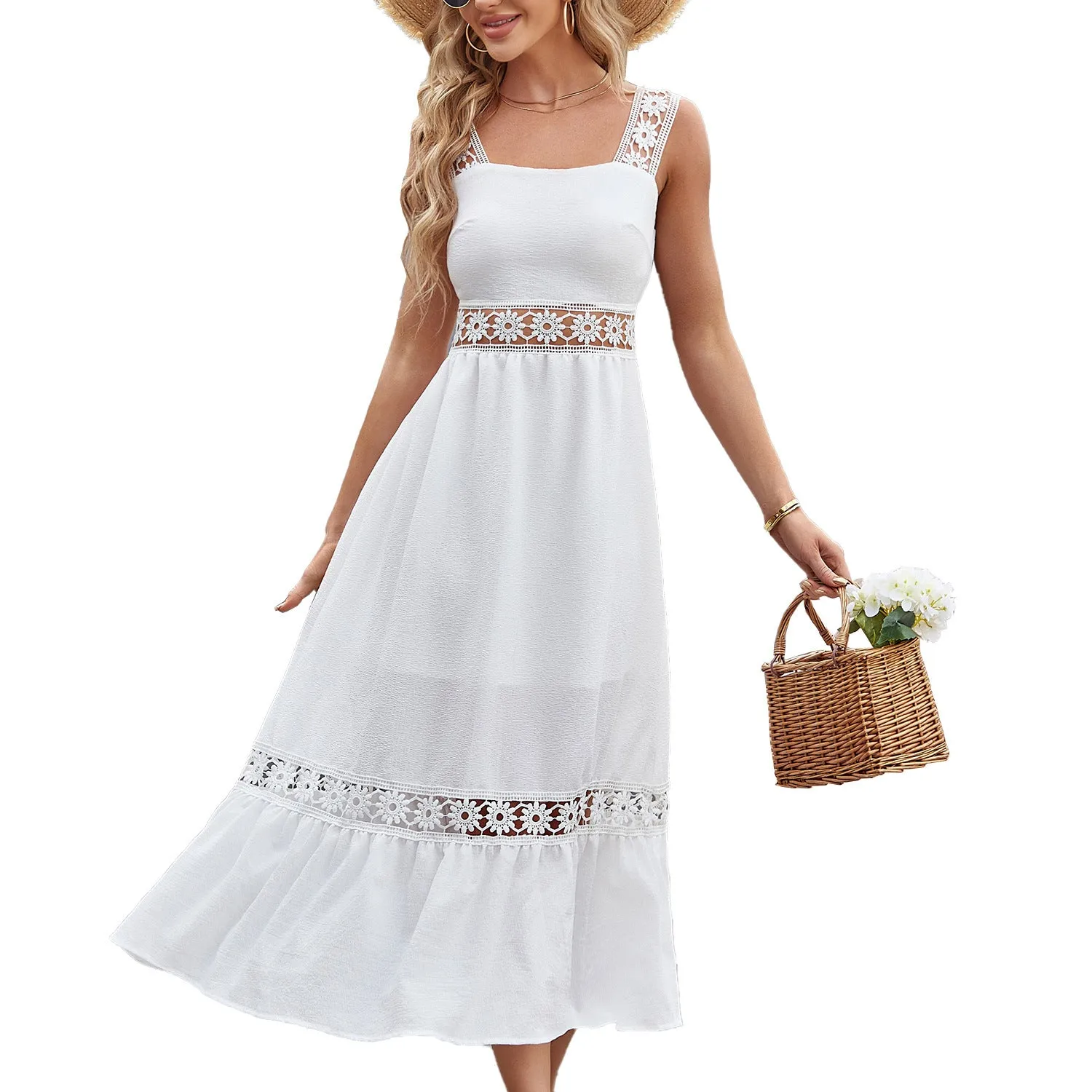 Solid Color Hollow Lace Splicing Square Neck Sleeveless Suspender Dress