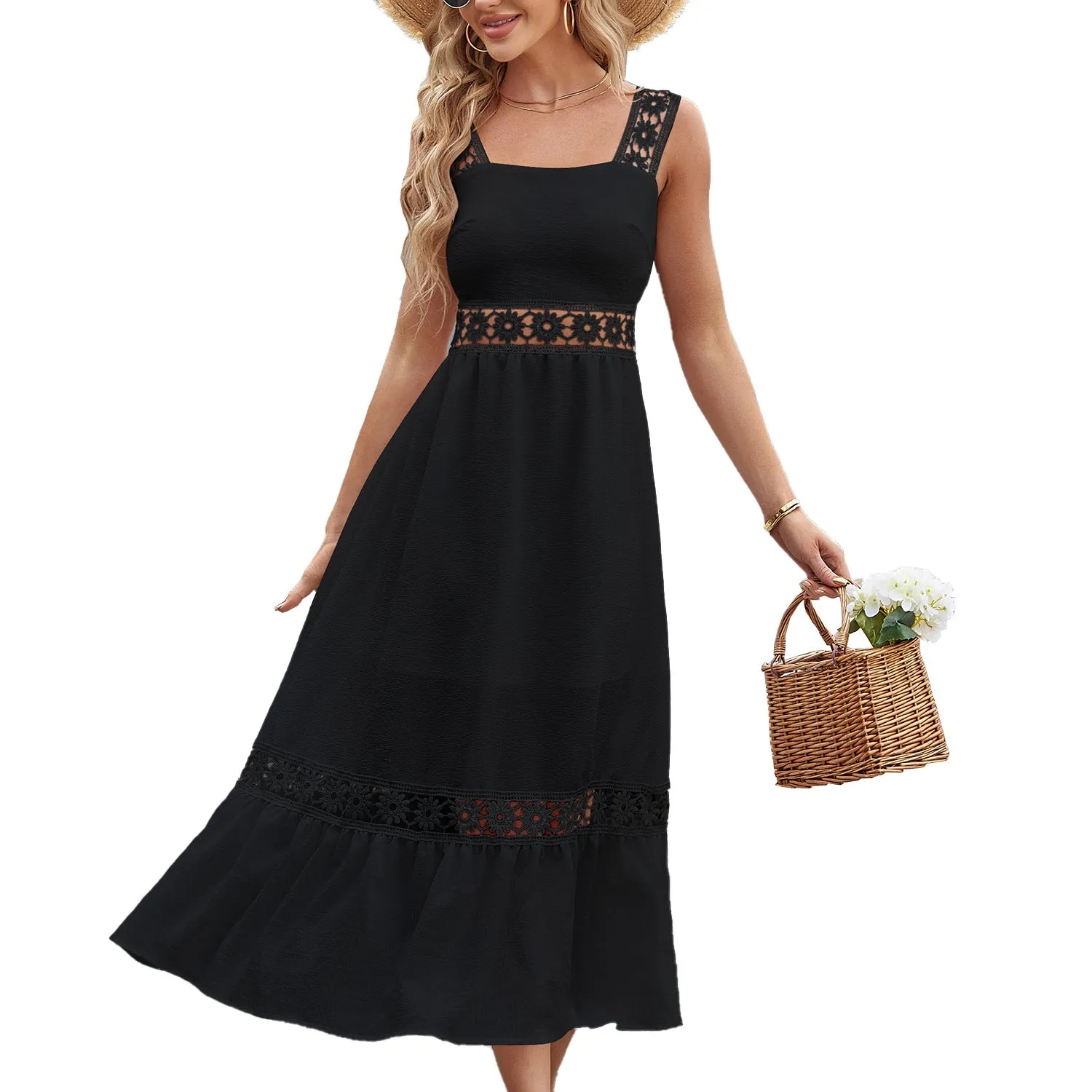 Solid Color Hollow Lace Splicing Square Neck Sleeveless Suspender Dress