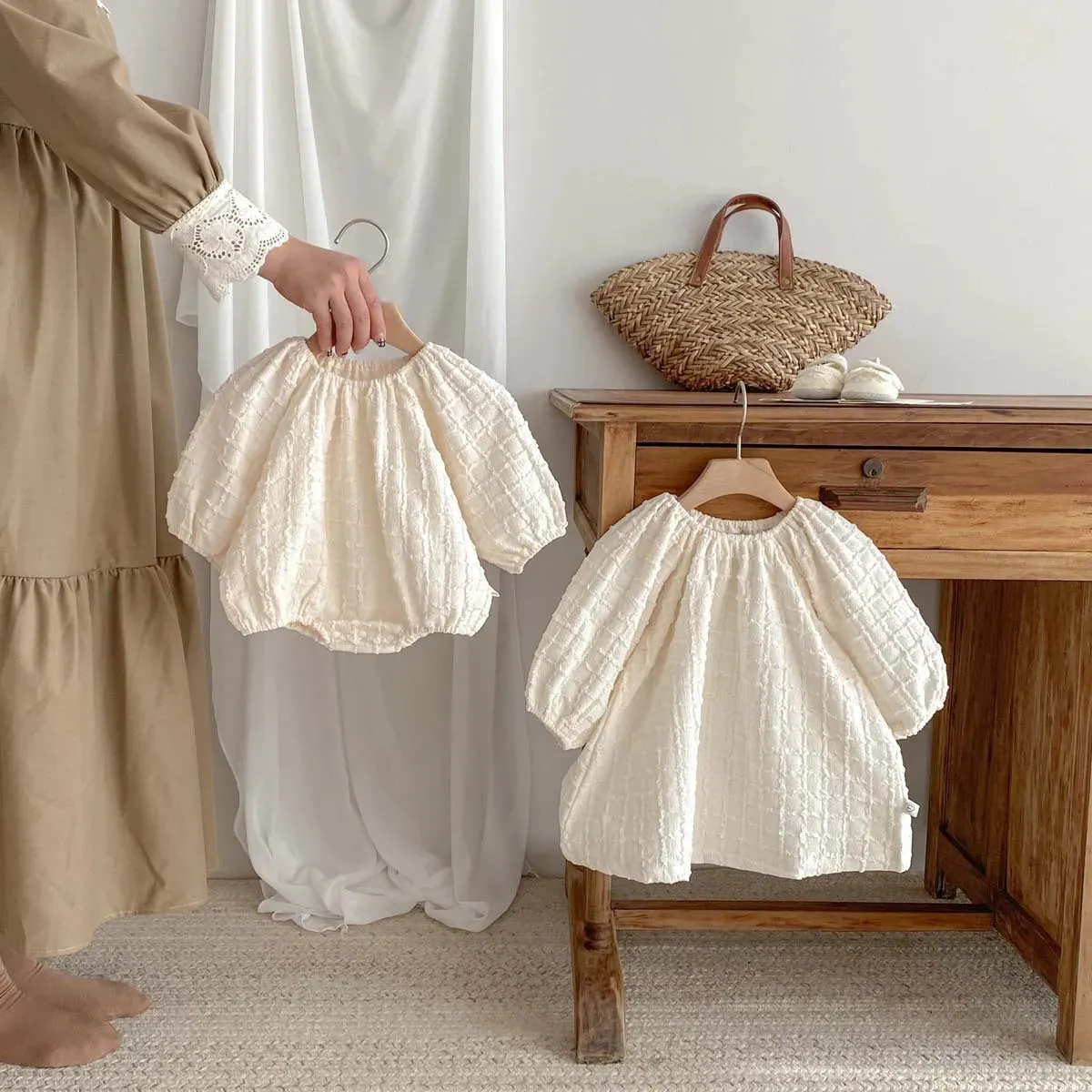 Solid Ivory A-Line Dress & Onesie