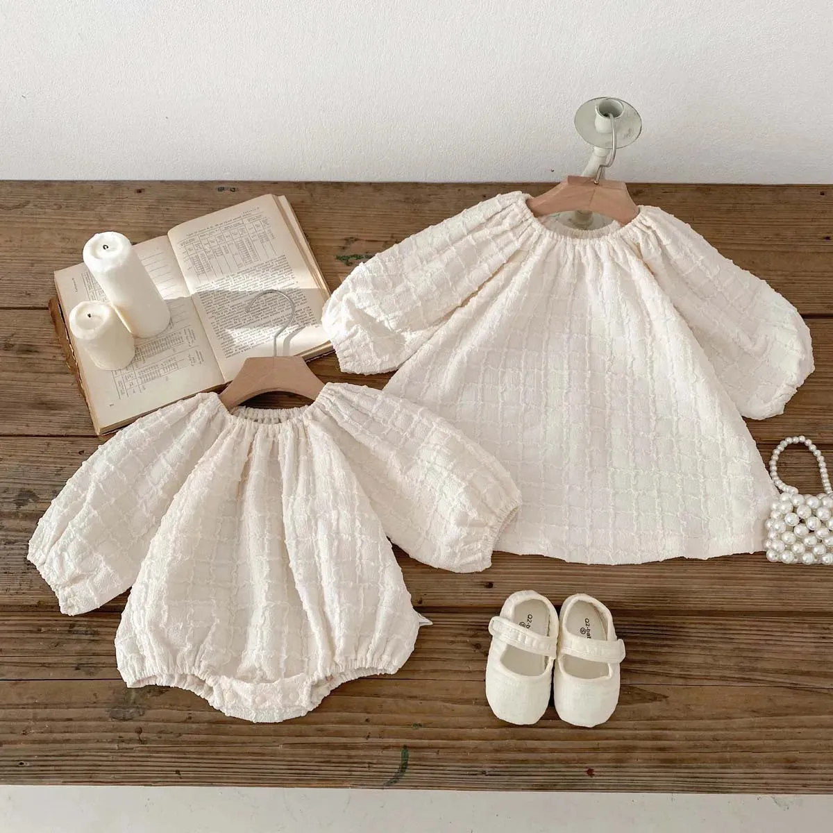 Solid Ivory A-Line Dress & Onesie