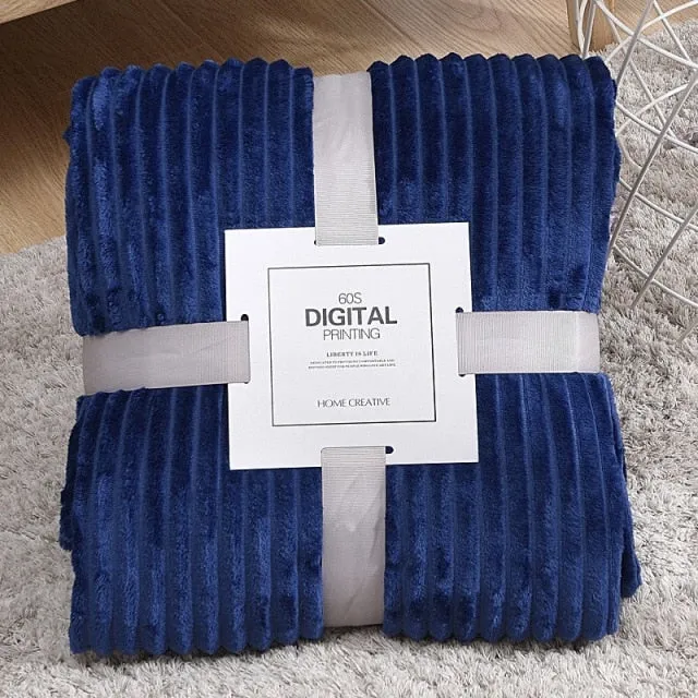 Solid Striped Throw Blanket Flannel Fleece Soft Adult Bed Cover