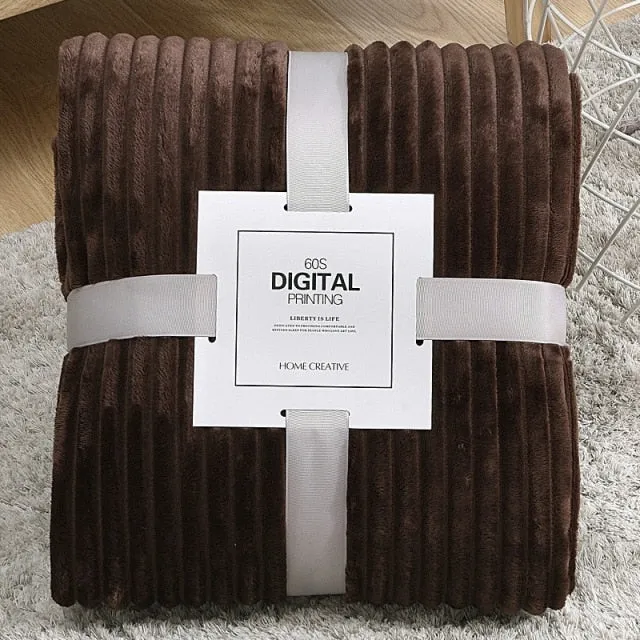Solid Striped Throw Blanket Flannel Fleece Soft Adult Bed Cover