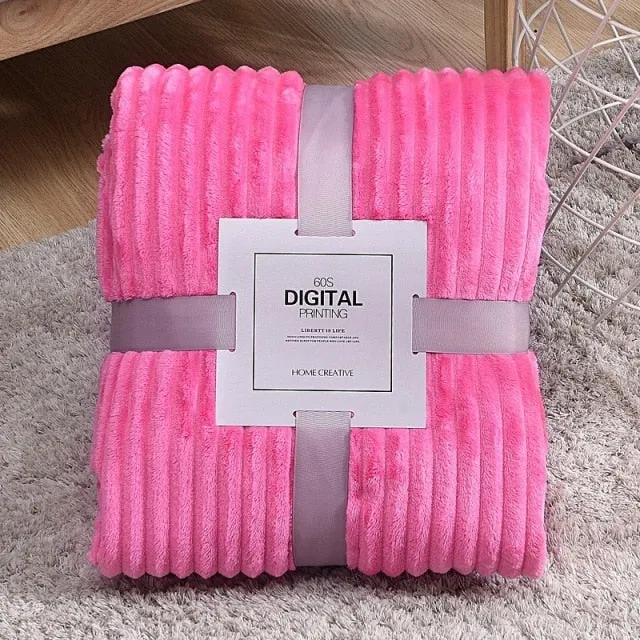 Solid Striped Throw Blanket Flannel Fleece Soft Adult Bed Cover