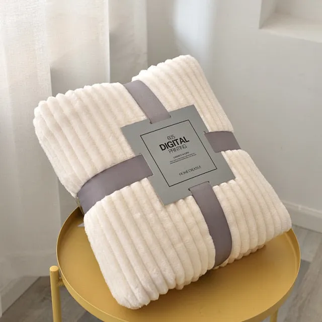 Solid Striped Throw Blanket Flannel Fleece Soft Adult Bed Cover