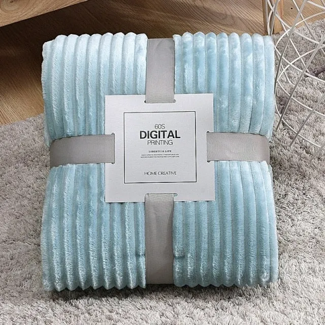 Solid Striped Throw Blanket Flannel Fleece Soft Adult Bed Cover