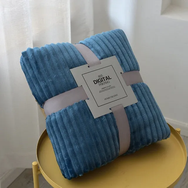 Solid Striped Throw Blanket Flannel Fleece Soft Adult Bed Cover