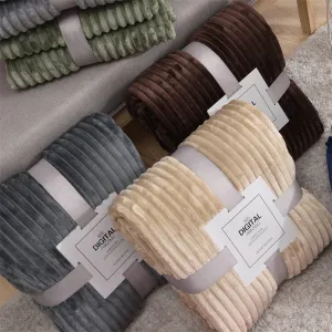 Solid Striped Throw Blanket Flannel Fleece Soft Adult Bed Cover