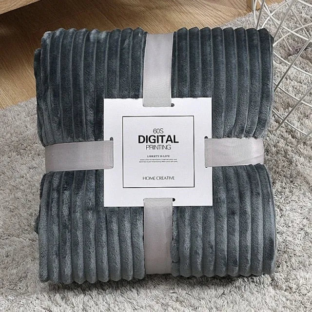Solid Striped Throw Blanket Flannel Fleece Soft Adult Bed Cover