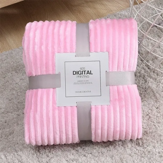 Solid Striped Throw Blanket Flannel Fleece Soft Adult Bed Cover