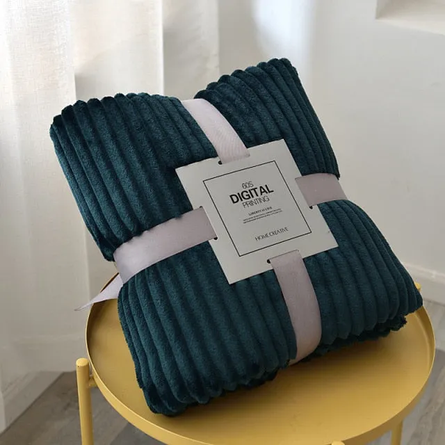 Solid Striped Throw Blanket Flannel Fleece Soft Adult Bed Cover