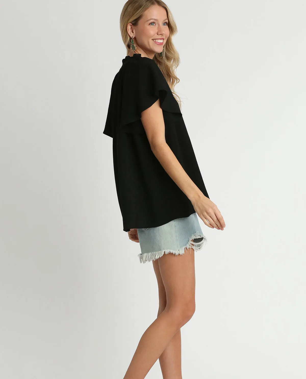 Solid Texture Split Neck Top