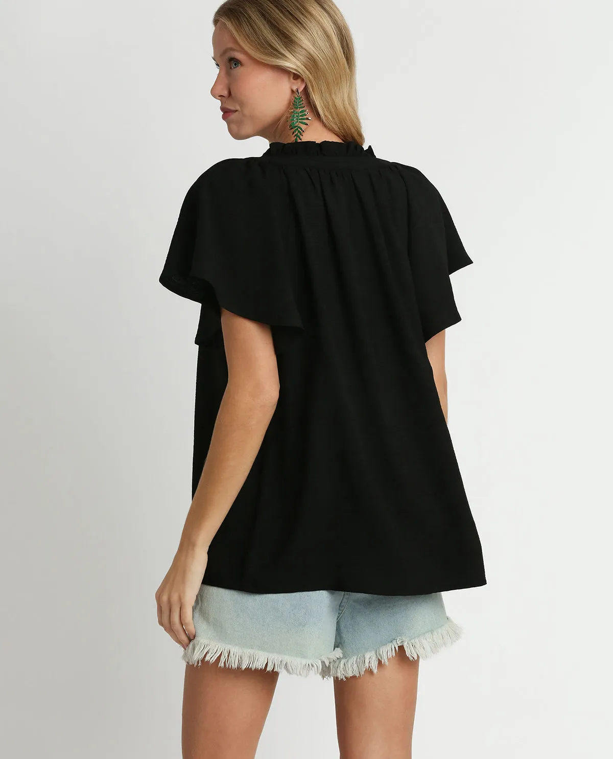 Solid Texture Split Neck Top