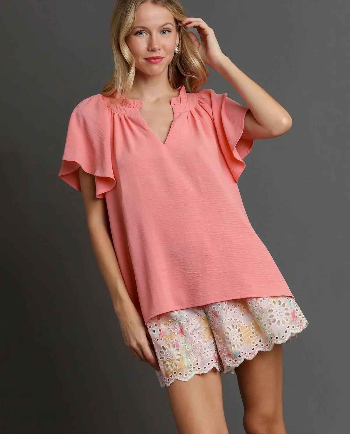 Solid Texture Split Neck Top