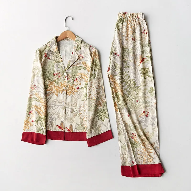 Spring New Casual Long Sleeve Satin Pajama Set Green Grass Printing