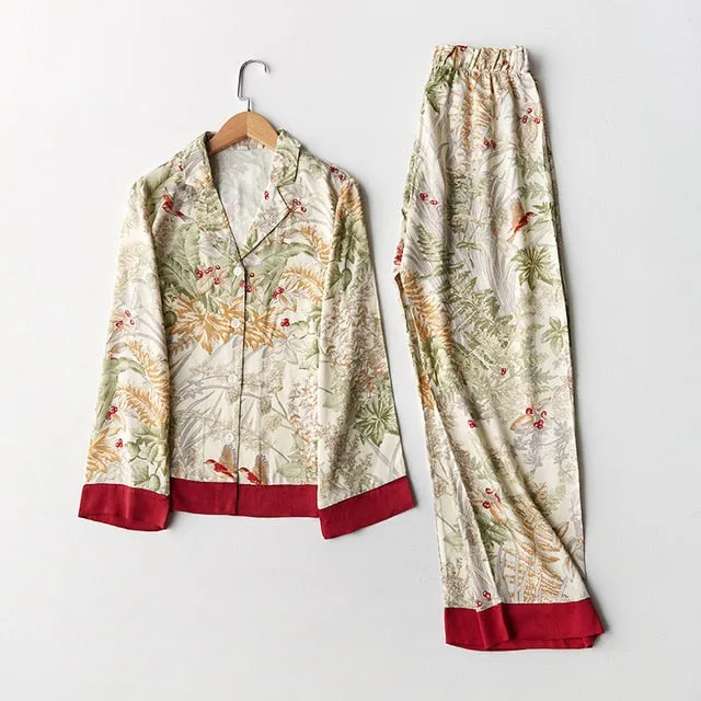 Spring New Casual Long Sleeve Satin Pajama Set Green Grass Printing