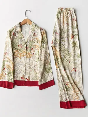 Spring New Casual Long Sleeve Satin Pajama Set Green Grass Printing