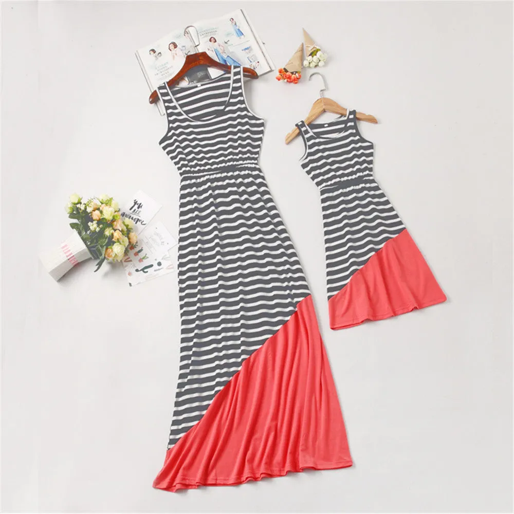 Spring summer stripe stitched parent-child mother daughter dress