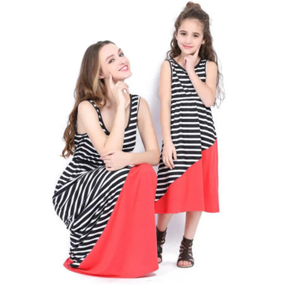 Spring summer stripe stitched parent-child mother daughter dress