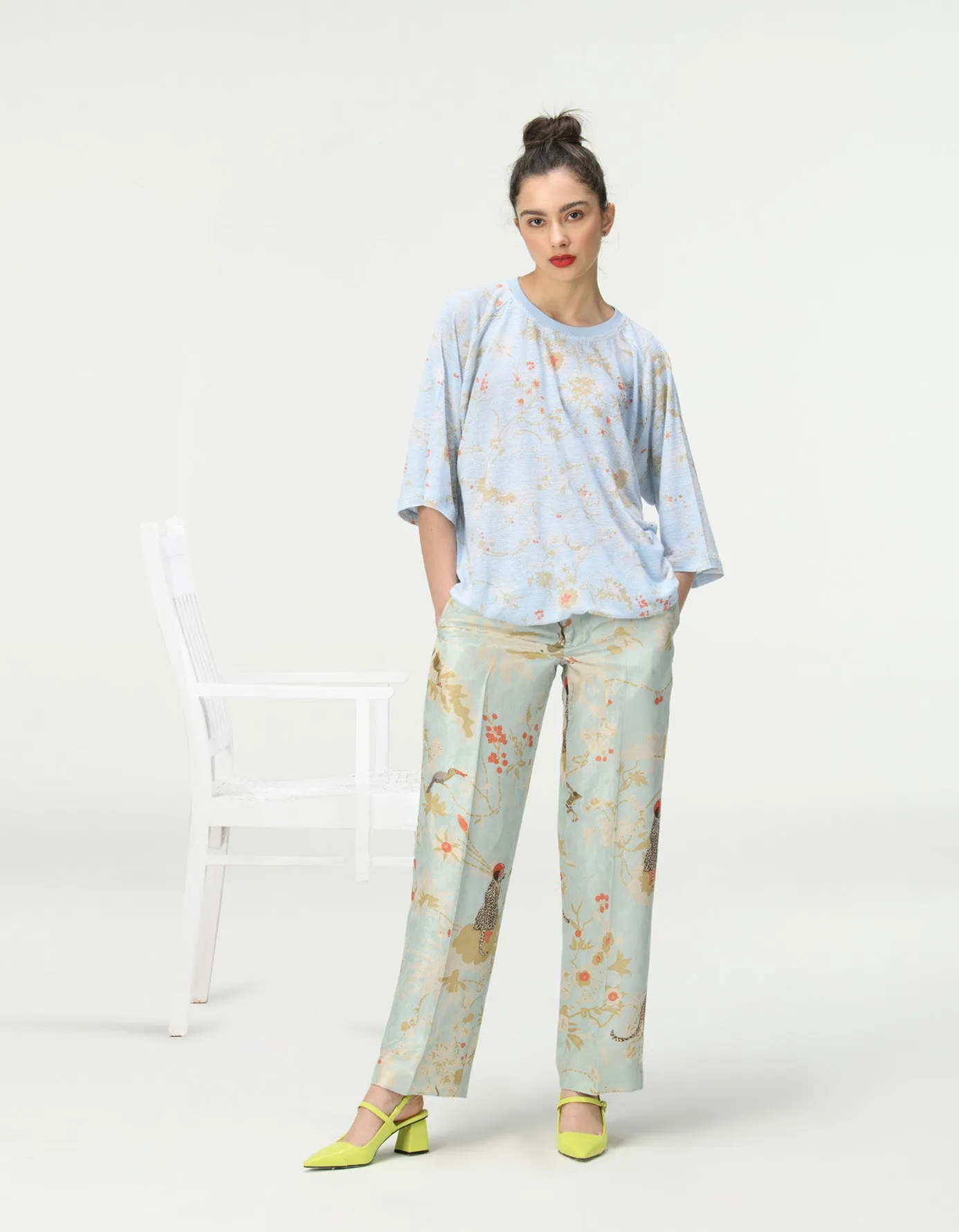 Straight Fit Trousers Silk Damask Ice Blue