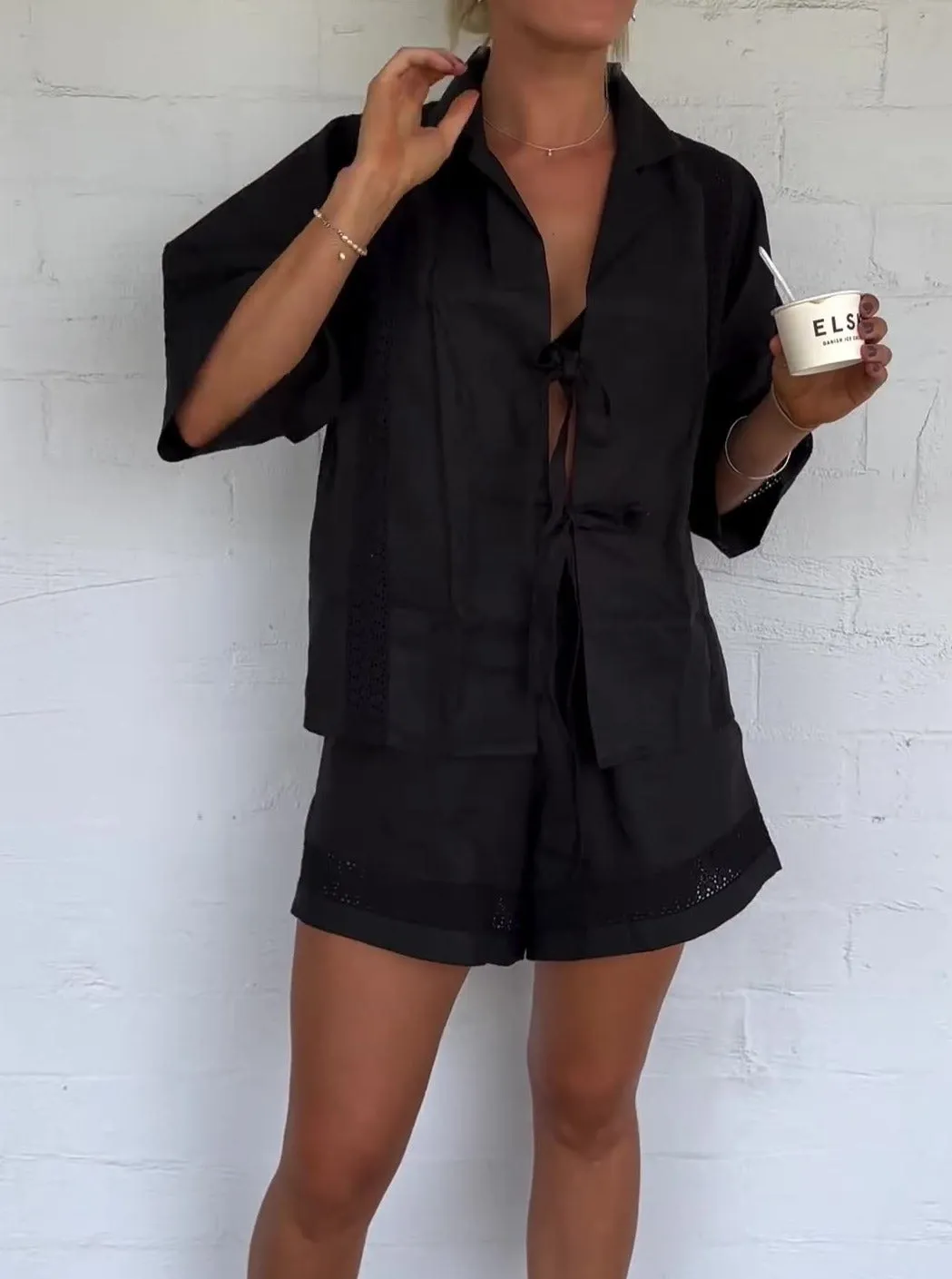 Strappy Hollow Short-sleeved Shirt   Shorts Casual Two-piece Set
