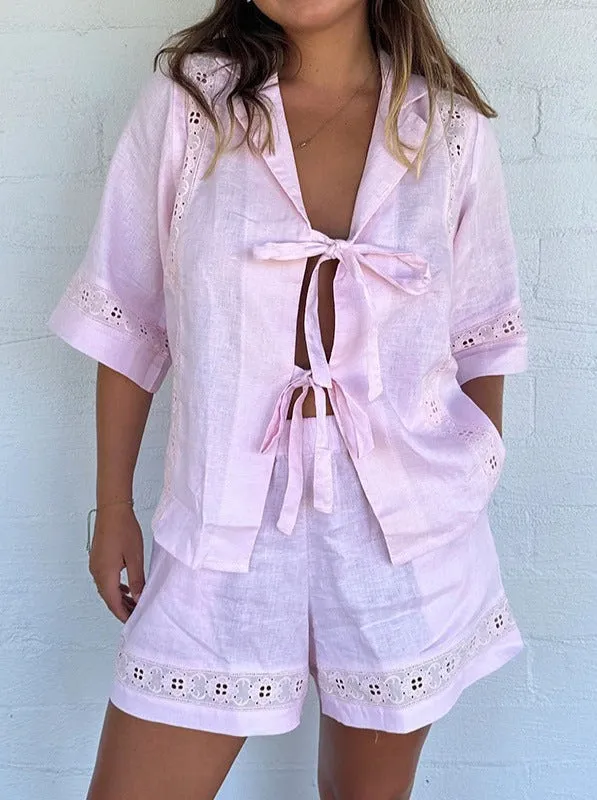 Strappy Hollow Short-sleeved Shirt   Shorts Casual Two-piece Set