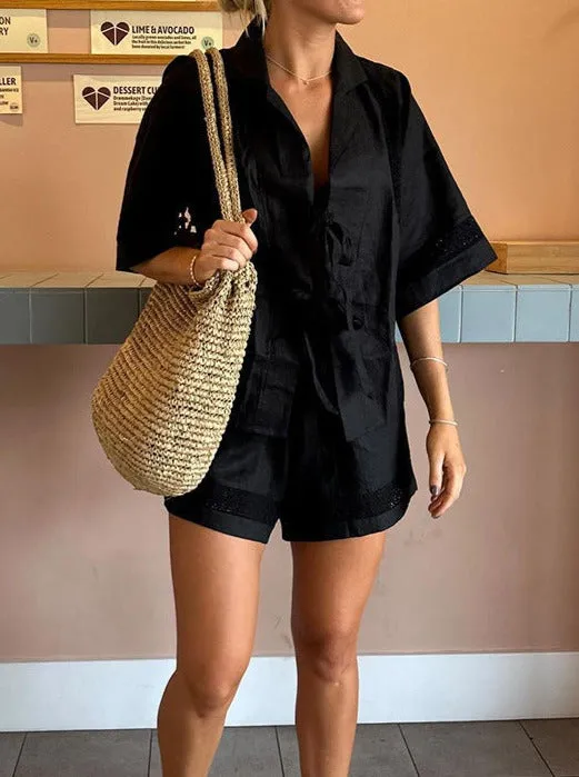 Strappy Hollow Short-sleeved Shirt   Shorts Casual Two-piece Set