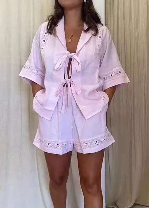 Strappy Hollow Short-sleeved Shirt   Shorts Casual Two-piece Set