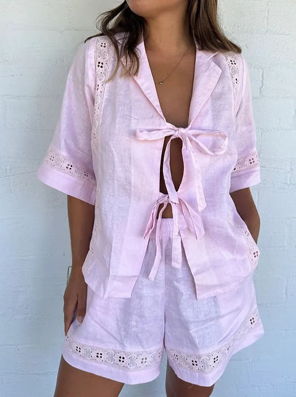 Strappy Hollow Short-sleeved Shirt   Shorts Casual Two-piece Set