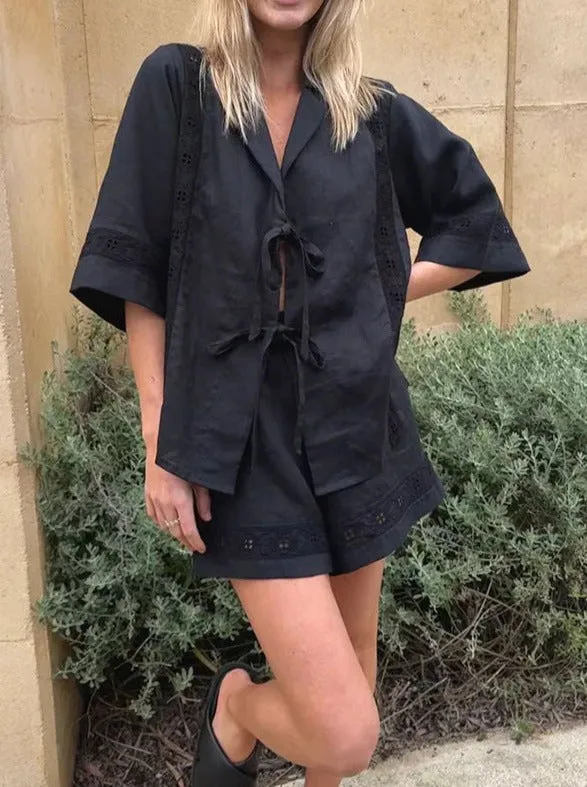Strappy Hollow Short-sleeved Shirt   Shorts Casual Two-piece Set