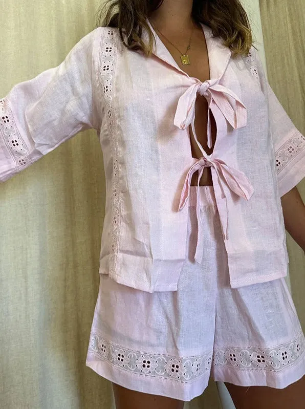 Strappy Hollow Short-sleeved Shirt   Shorts Casual Two-piece Set