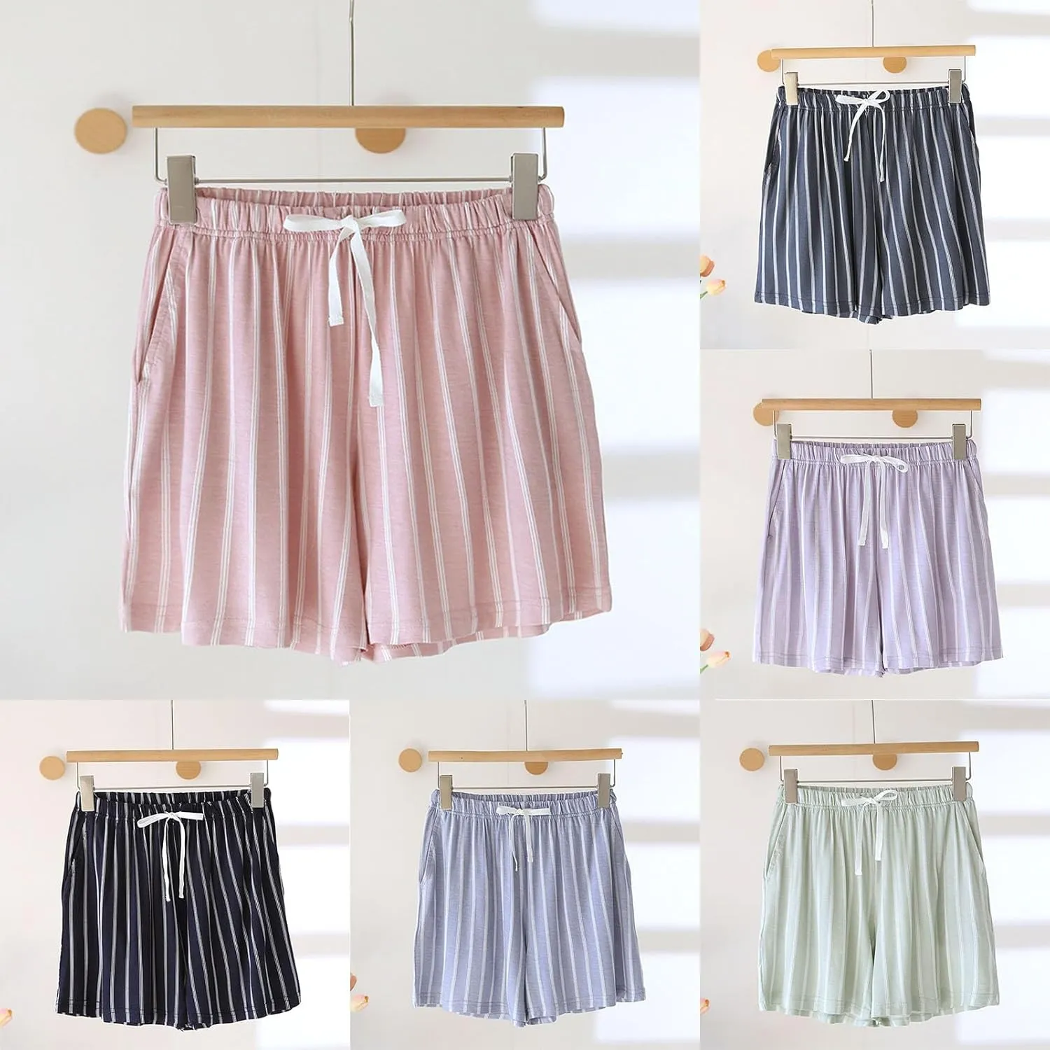 Striped Boxer Shorts for Women Summer Soft Modal Pajamas Comfy Elastic Waist Lounge Sleepwear Shorts Pj Bottoms with Pockets