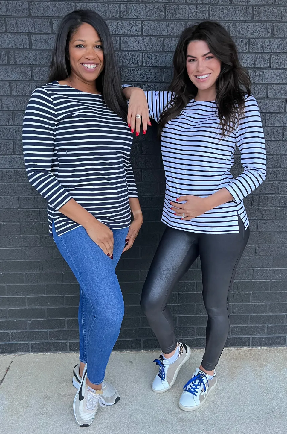 Striped Nursing Top - 3/4 Sleeves With Hidden Zipper- Black/White