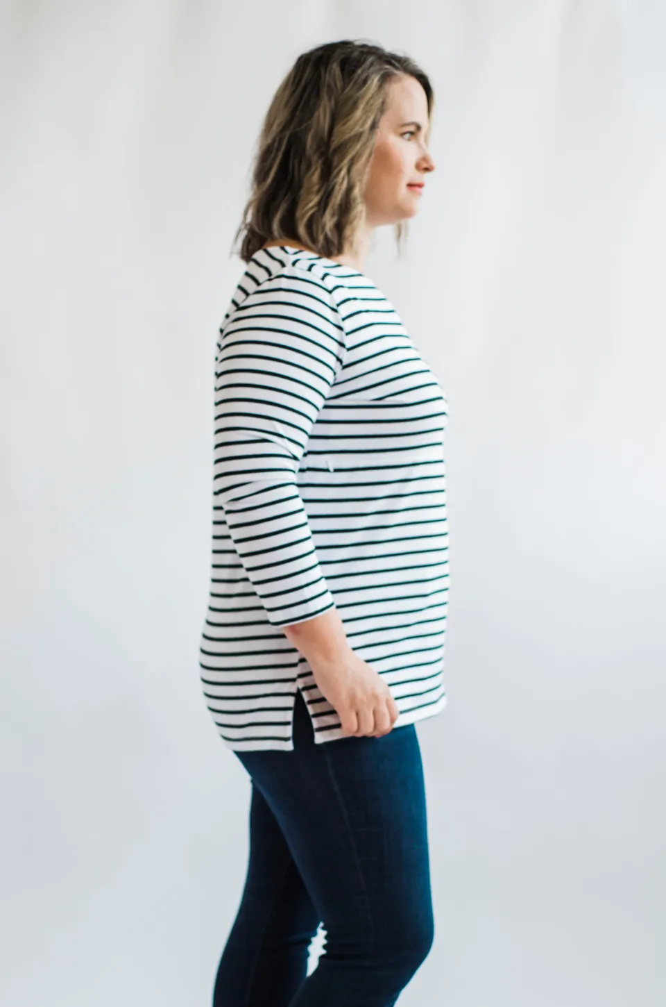 Striped Nursing Top - 3/4 Sleeves With Hidden Zipper- Black/White