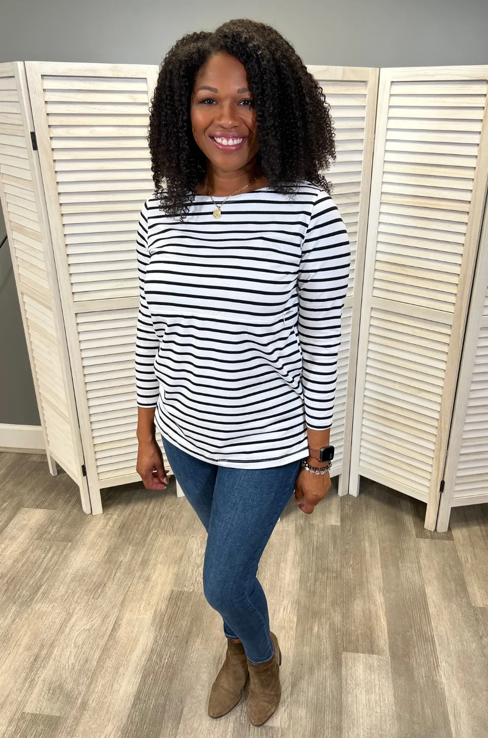 Striped Nursing Top - 3/4 Sleeves With Hidden Zipper- Black/White