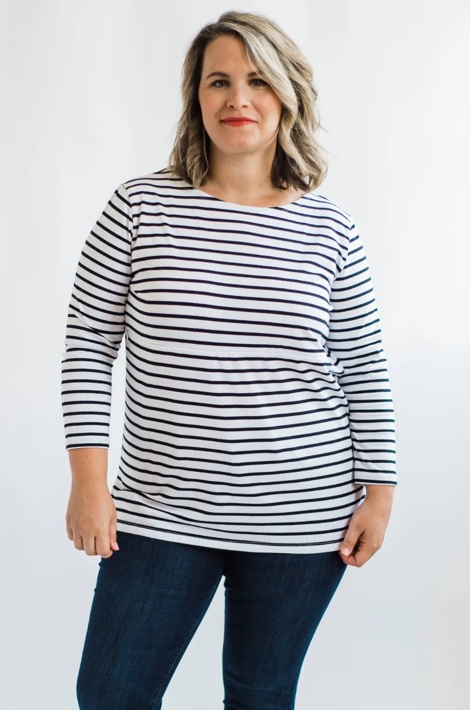 Striped Nursing Top - 3/4 Sleeves With Hidden Zipper- Black/White