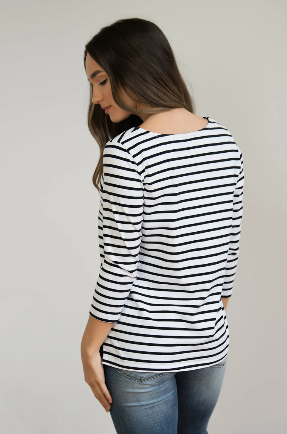 Striped Nursing Top - 3/4 Sleeves With Hidden Zipper- Black/White