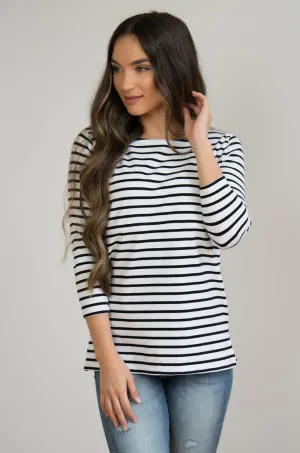 Striped Nursing Top - 3/4 Sleeves With Hidden Zipper- Black/White