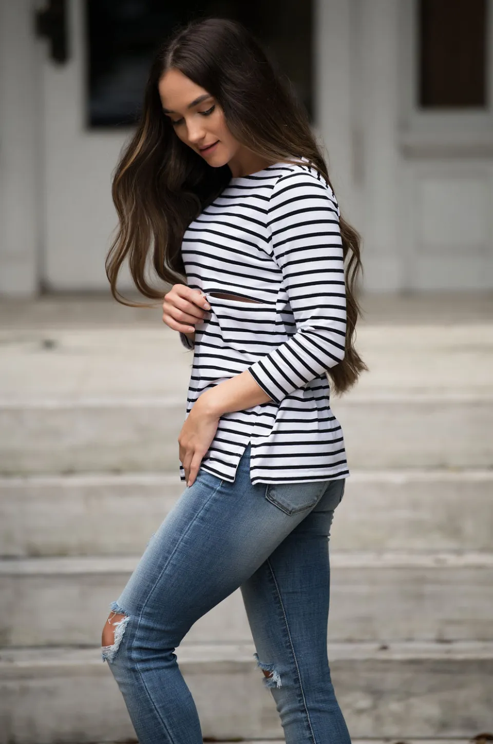 Striped Nursing Top - 3/4 Sleeves With Hidden Zipper- Black/White