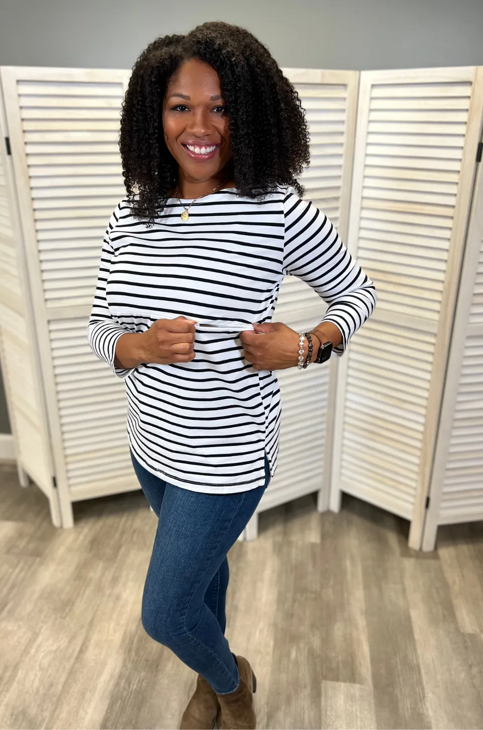 Striped Nursing Top - 3/4 Sleeves With Hidden Zipper- Black/White
