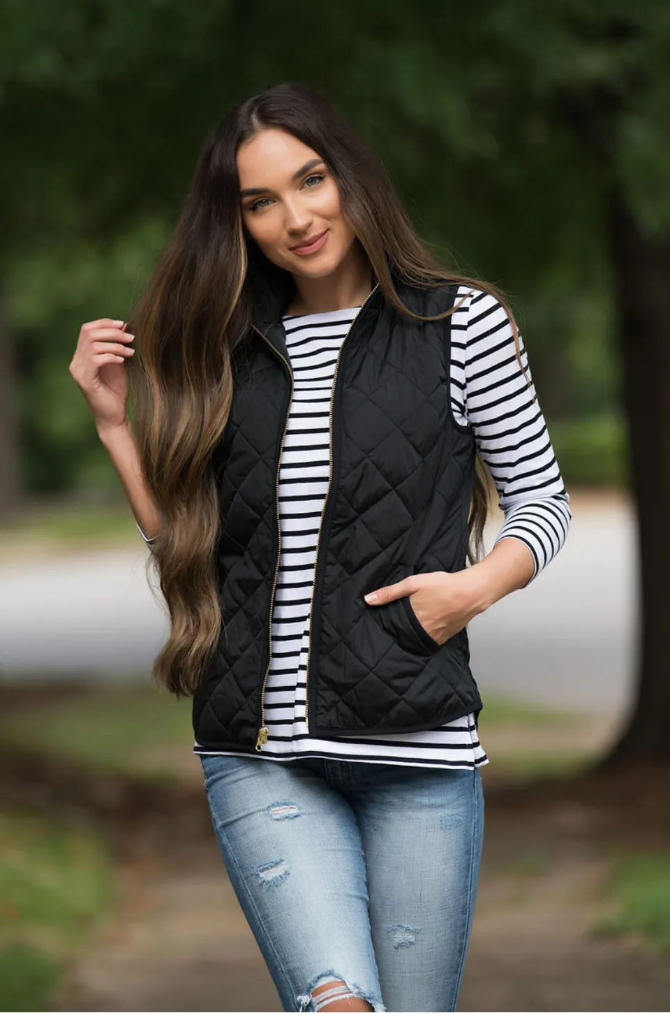Striped Nursing Top - 3/4 Sleeves With Hidden Zipper- Black/White