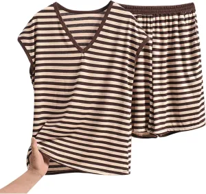 Striped Soft Modal Pajamas Sets for Women Summer Loose V Neck Short Sleeve Top and Shorts Pjs 2 Pieces Loungewear