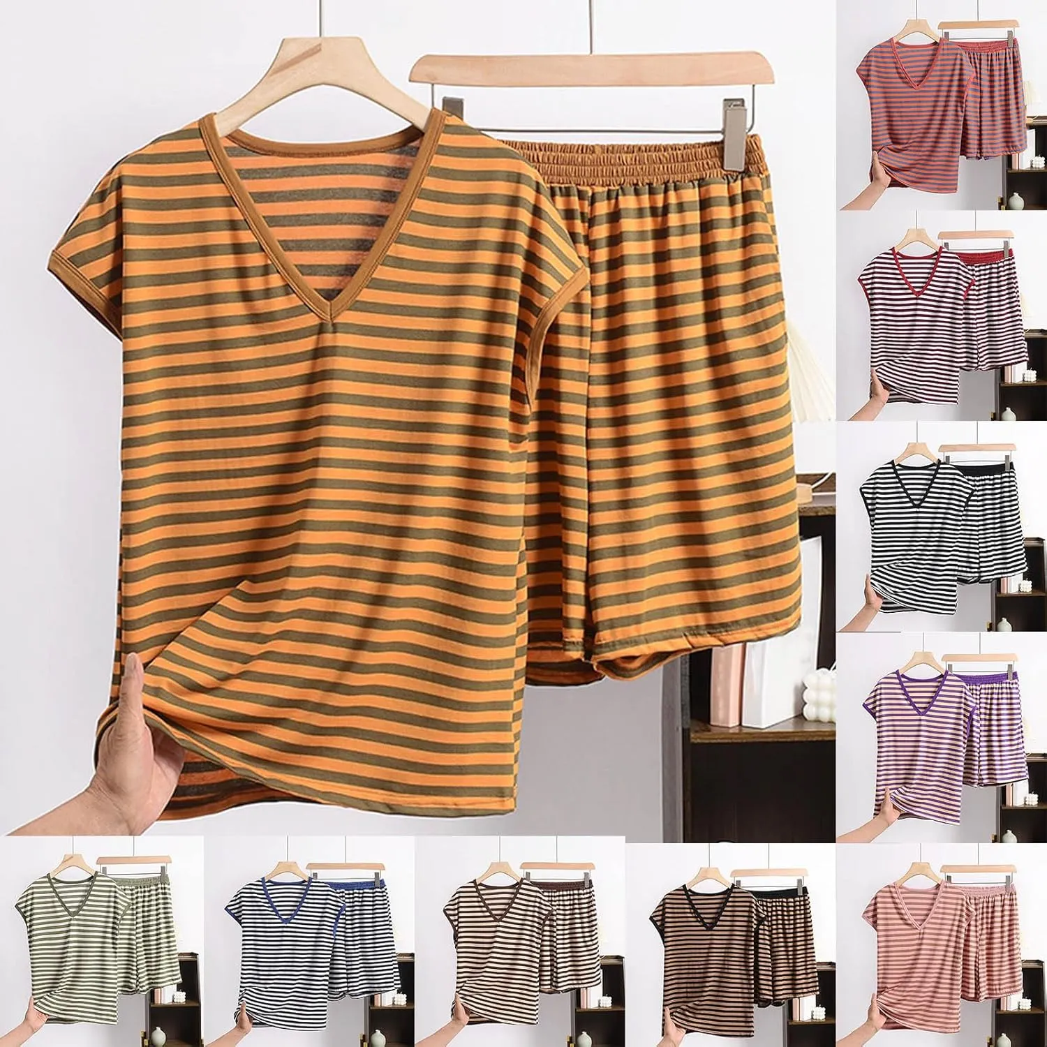 Striped Soft Modal Pajamas Sets for Women Summer Loose V Neck Short Sleeve Top and Shorts Pjs 2 Pieces Loungewear