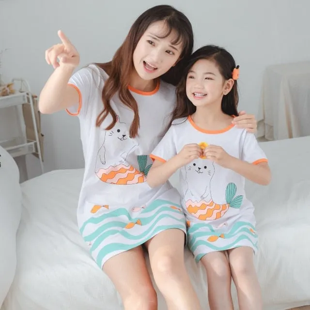 Summer Nightgown Pajamas kid Short sleeved nightdress cute 100% cotton