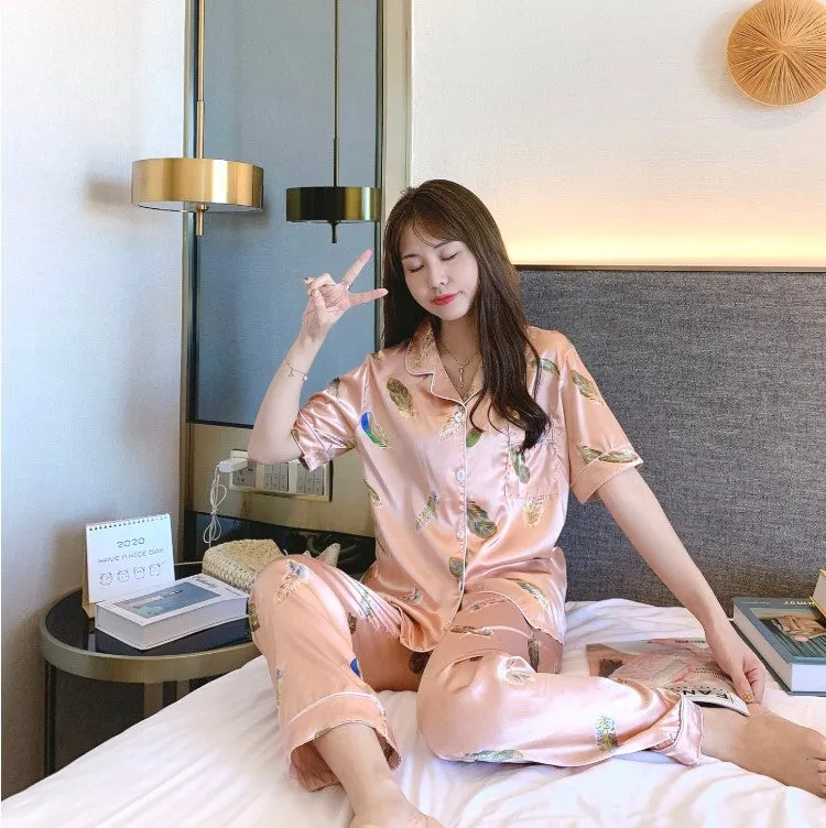 Summer Short Sleeve Silk Pajamas Women Thin Trendy Outdoor Two-Piece Loungewear Sleepwear