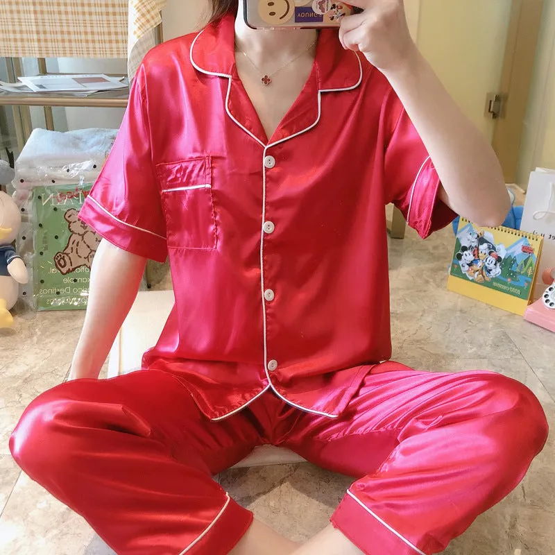 Summer Short Sleeve Silk Pajamas Women Thin Trendy Outdoor Two-Piece Loungewear Sleepwear