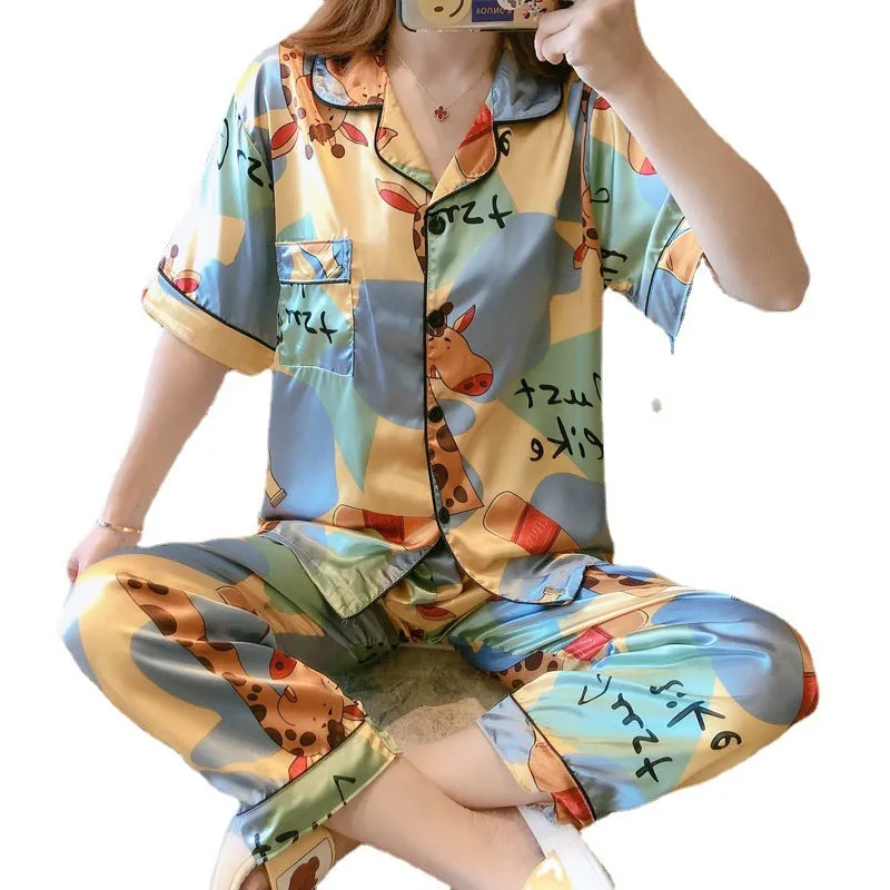 Summer Short Sleeve Silk Pajamas Women Thin Trendy Outdoor Two-Piece Loungewear Sleepwear